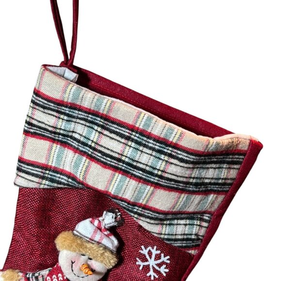 Red Christmas Stocking 17" With Snowman Applique & Plaid Cuff Festive Holiday De - Picture 3 of 6